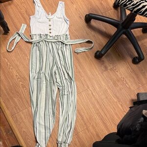 Derek Heart Green and White Striped Jumpsuit
